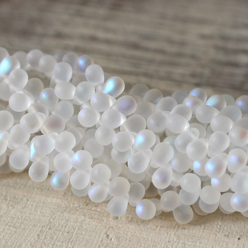 4x6mm Glass Teardrops - Etched Crystal Matte AB - 50 or 100 Beads