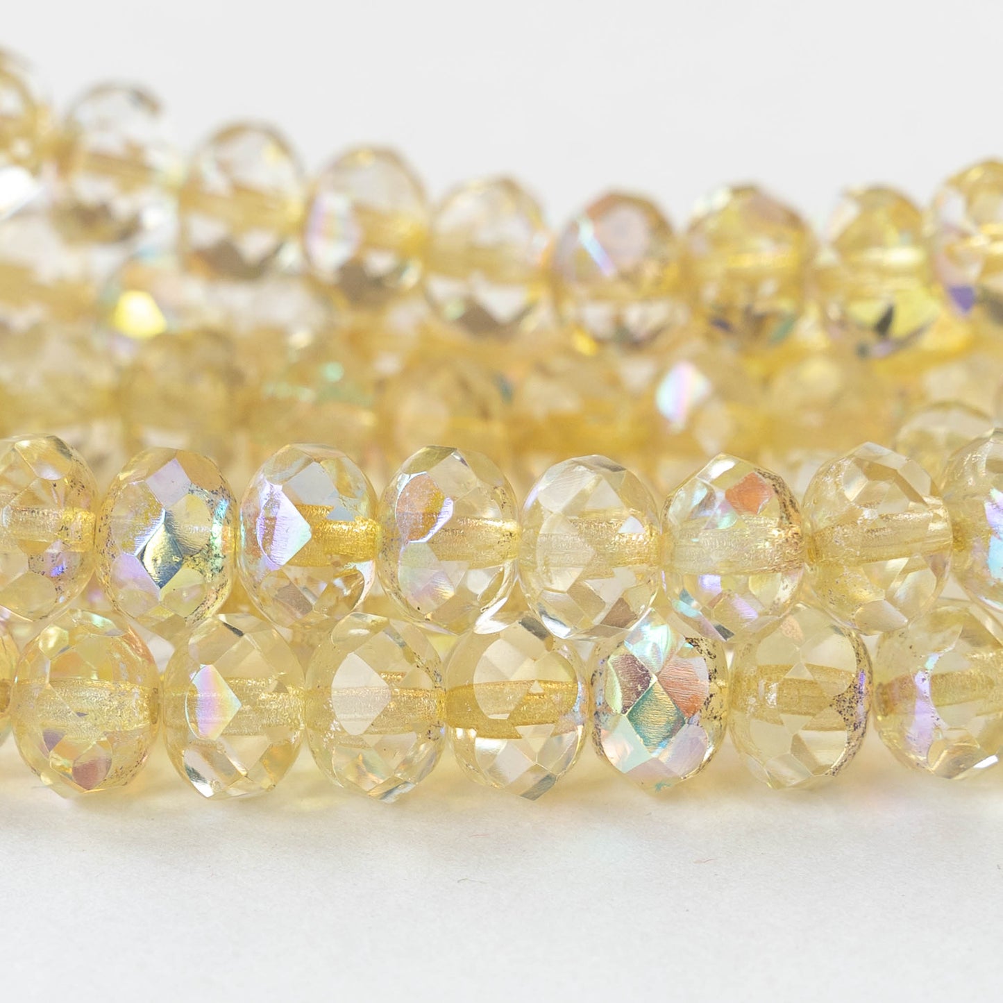6x9mm Firepolished Rondelle Beads - Pale Yellow AB  with Antique Silver  - 25 Beads
