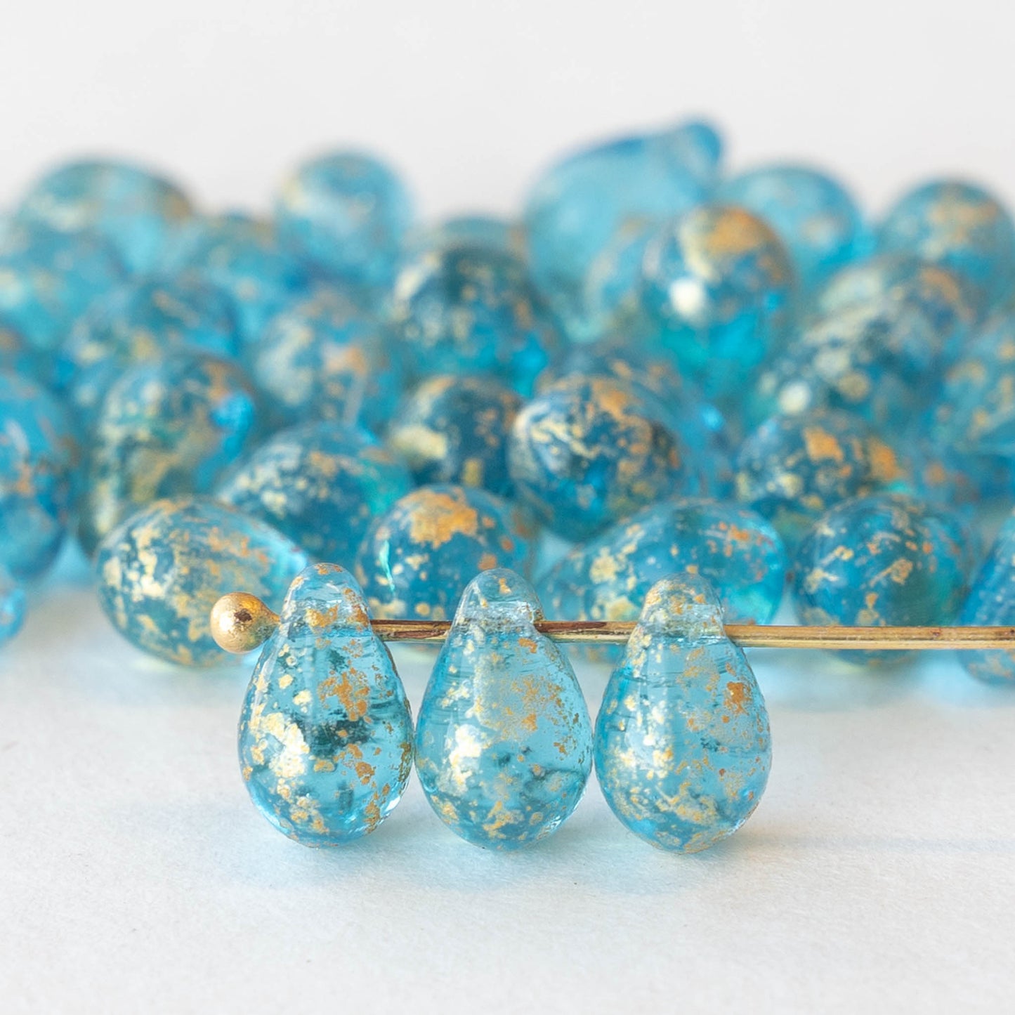6x9mm Glass Teardrop Beads - Light Aqua Blue with Gold Dust - 50 Beads