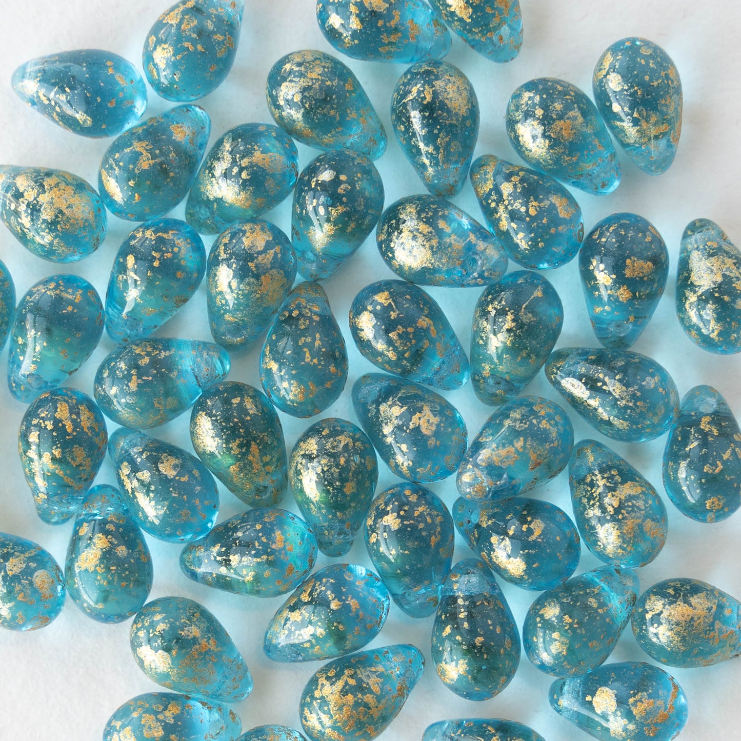 6x9mm Glass Teardrop Beads - Light Aqua Blue with Gold Dust - 50 Beads