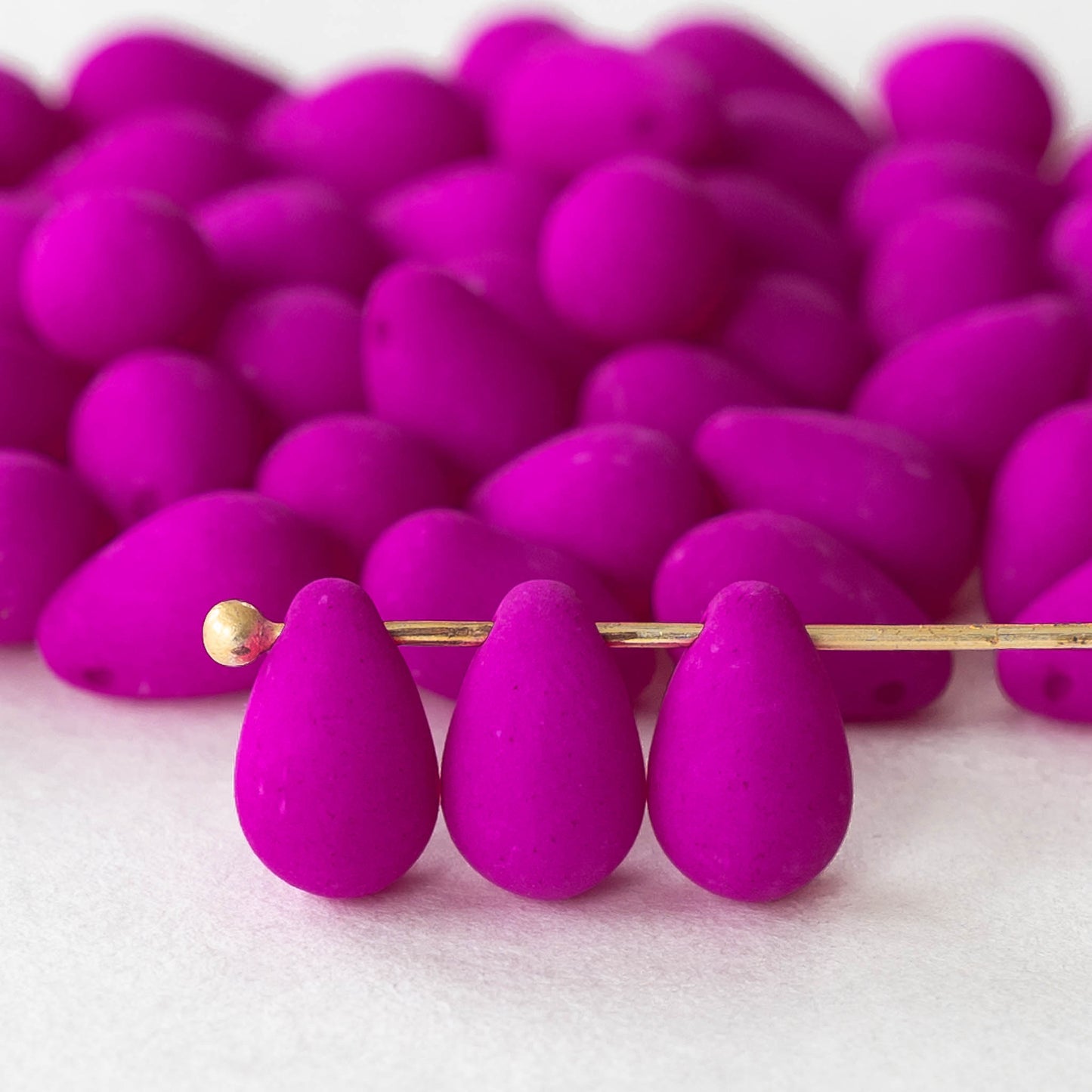 6x9mm Glass Teardrop Beads - Opaque Matte Hot Pink - 25 Beads