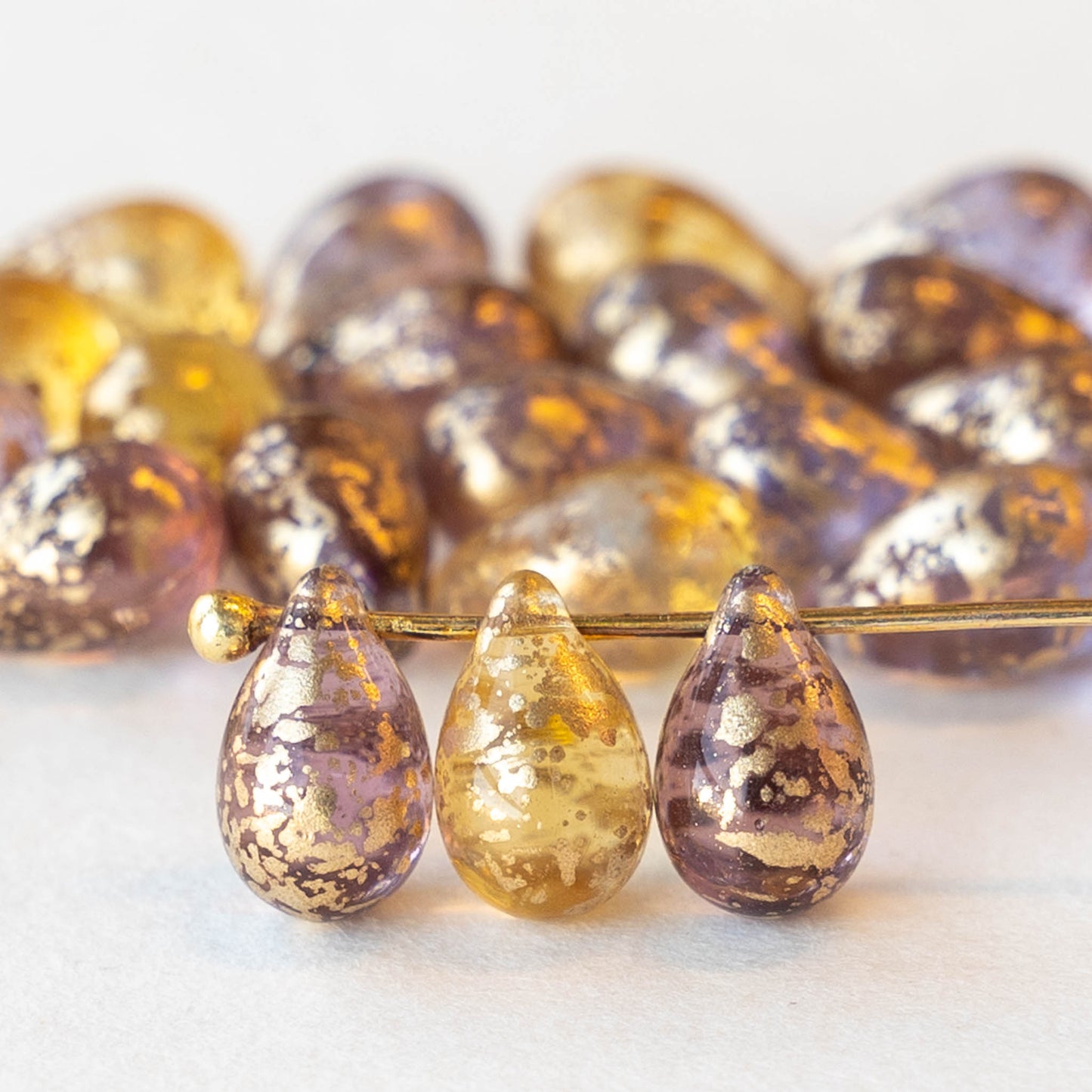 6x9mm Teardrop Beads -  Amethyst and Amber Gold Dust - 25
