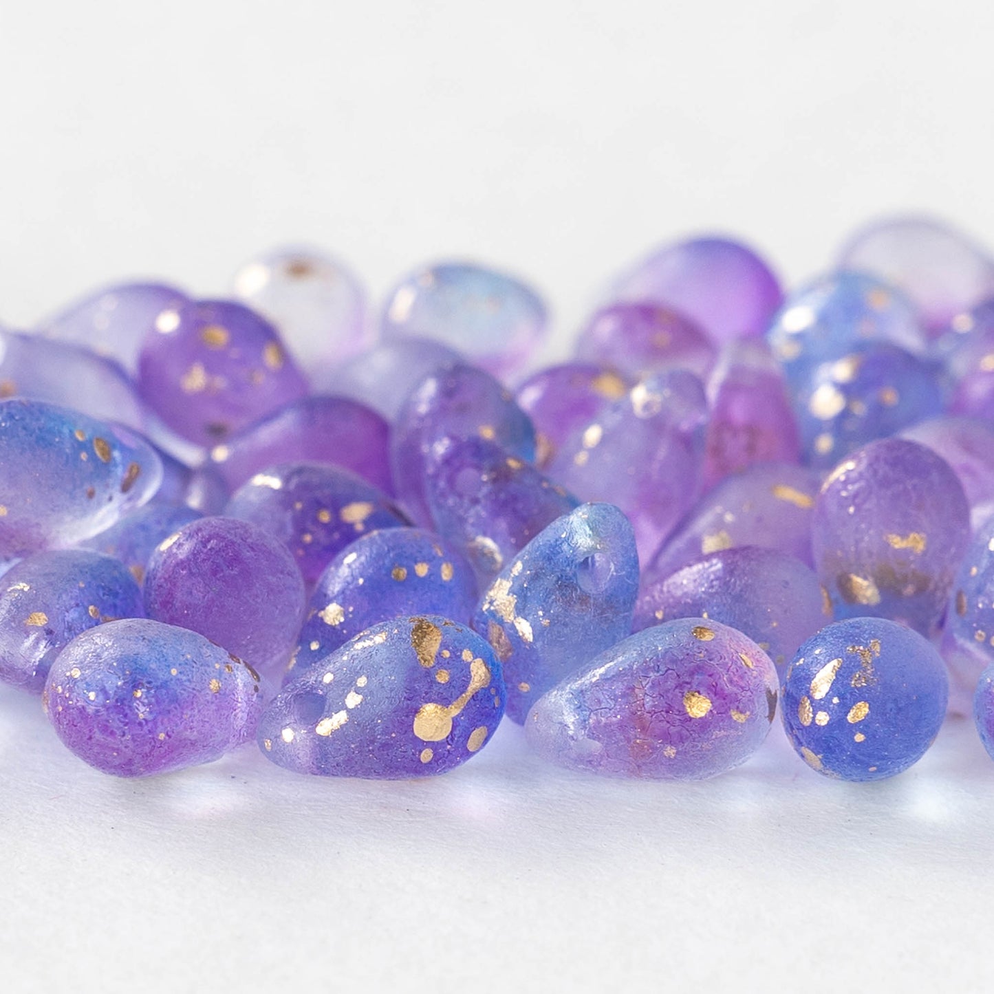 6x9mm Glass Teardrop Beads - Matte Lavender blue mix with Gold Dust - 30 Beads