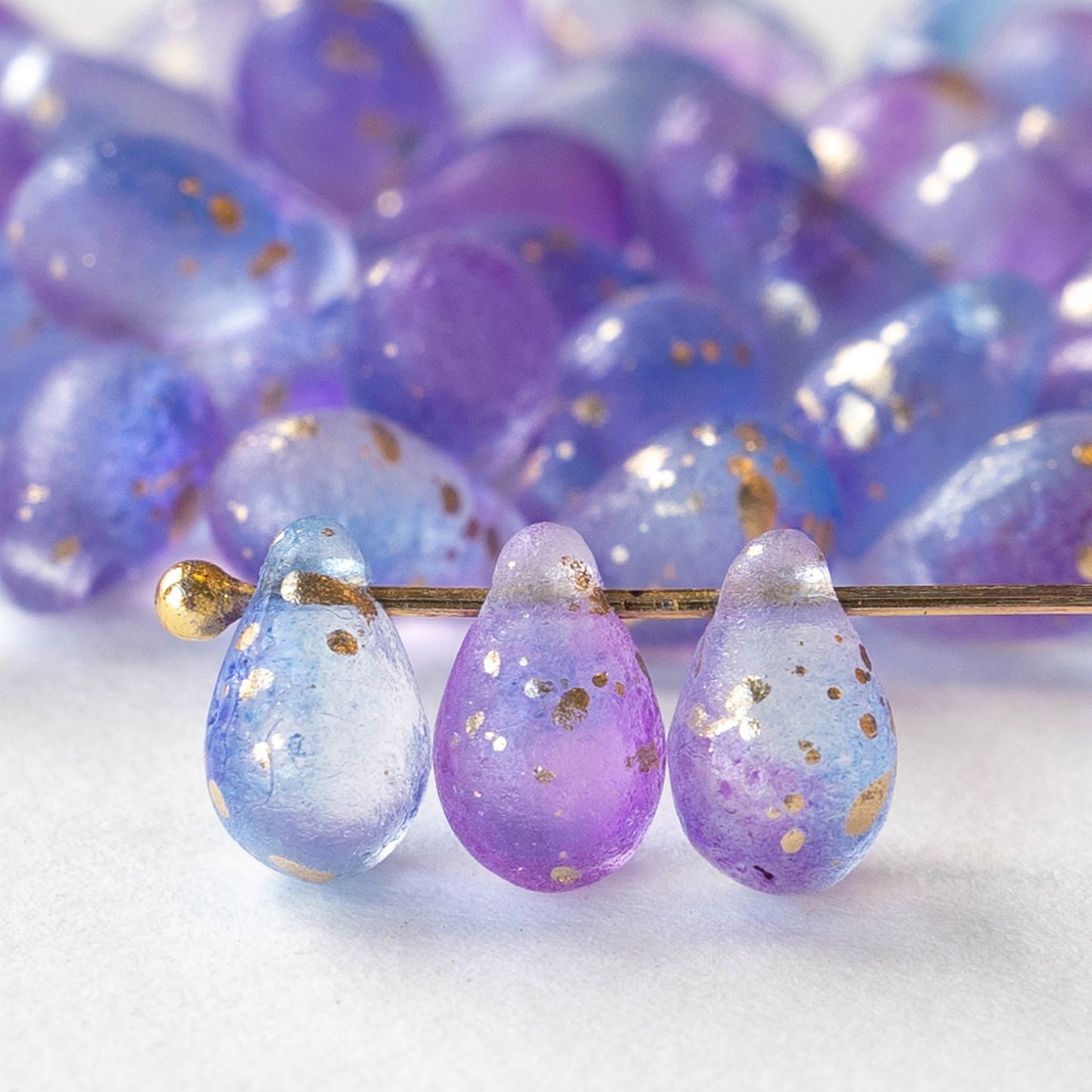 6x9mm Glass Teardrop Beads - Matte Lavender blue mix with Gold Dust - 30 Beads