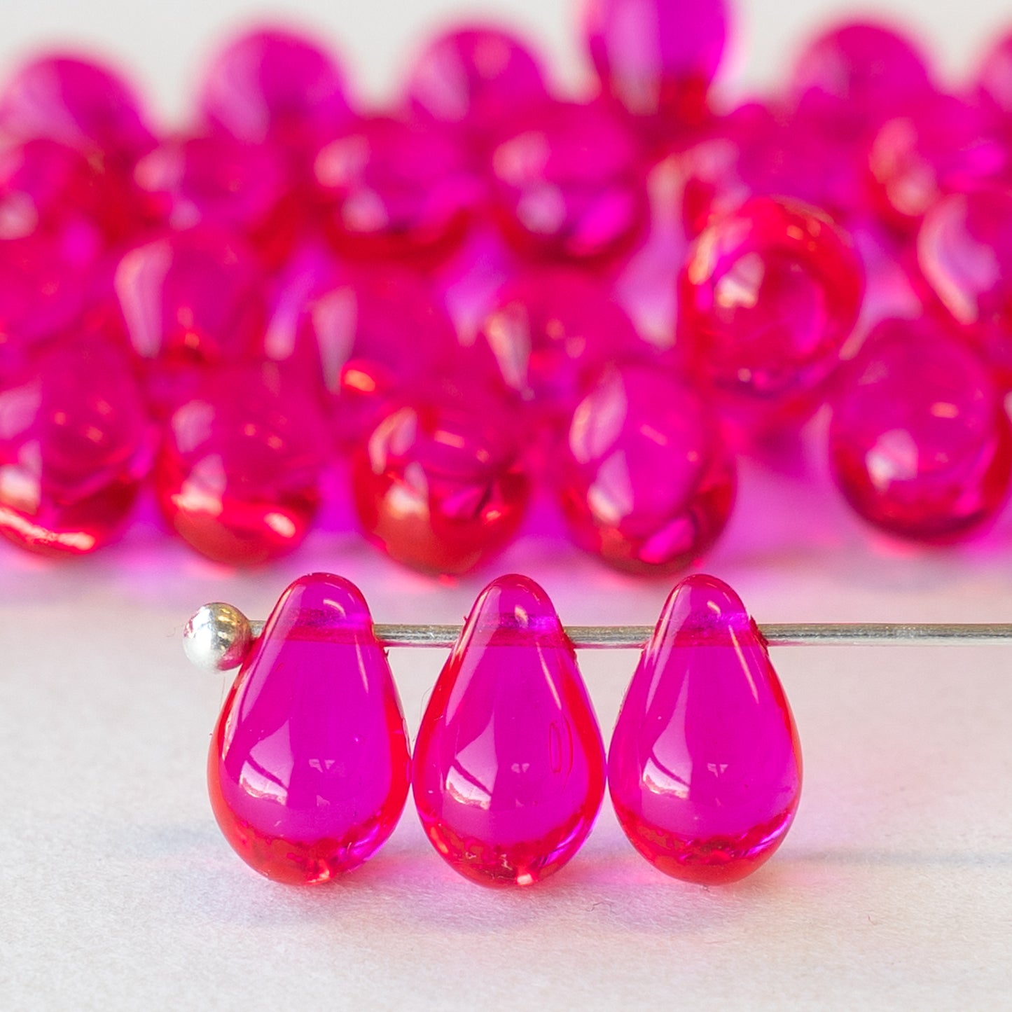 6x9mm Frosted Glass Teardrops - Hot Pink - 55 Beads