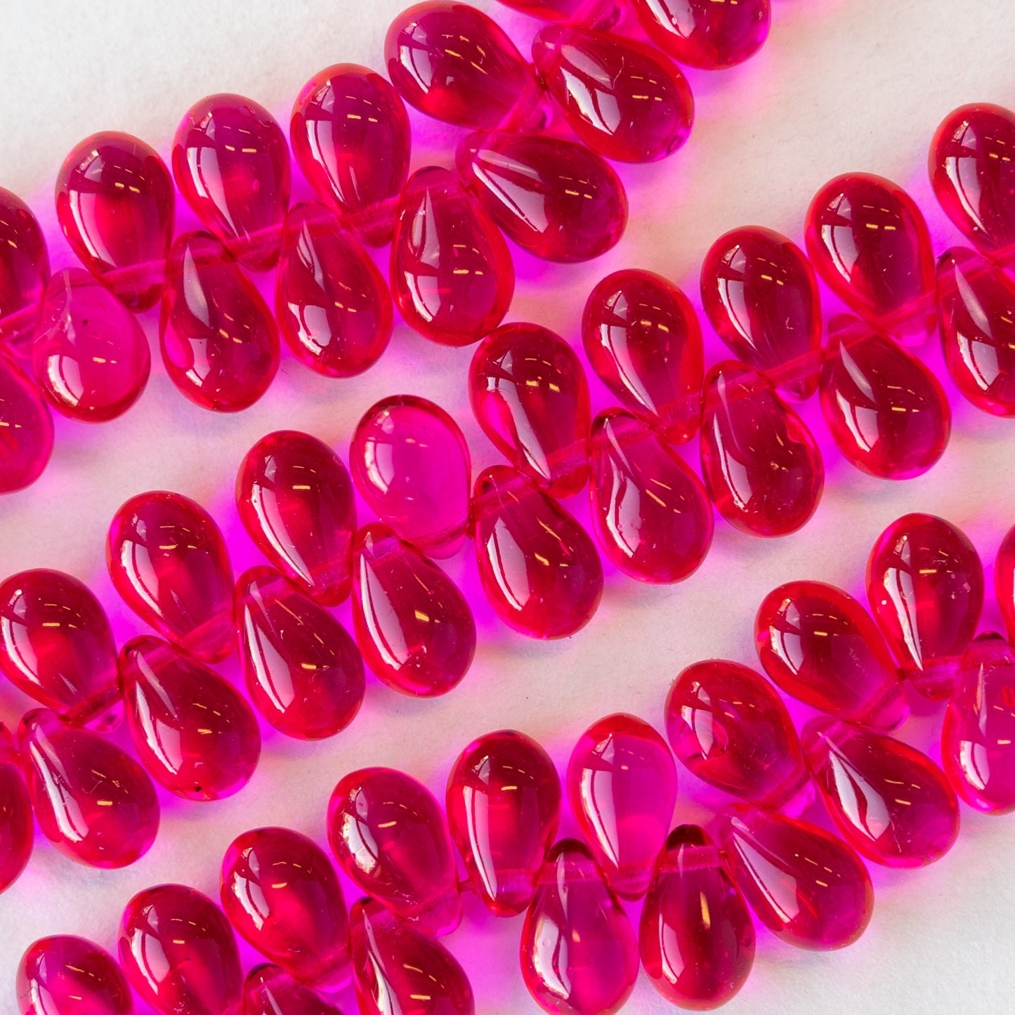 6x9mm Frosted Glass Teardrops - Hot Pink - 55 Beads