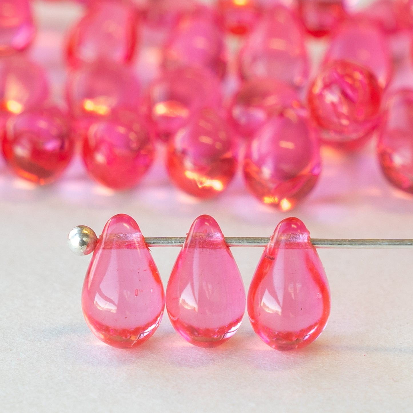 6x9mm Glass Teardrop Beads -  Pink Rose - 30 or 60 Beads