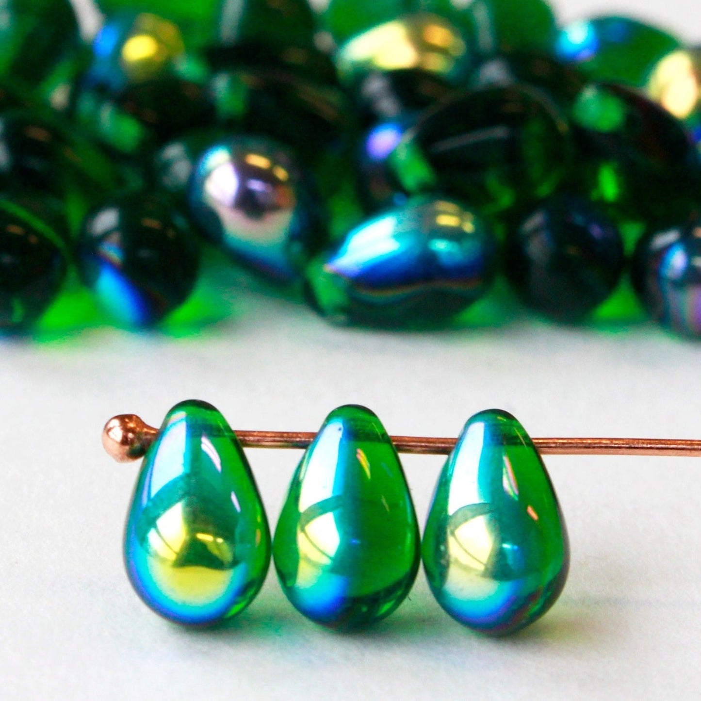 6x9mm Glass Teardrop Beads - Emerald AB - 25 Beads