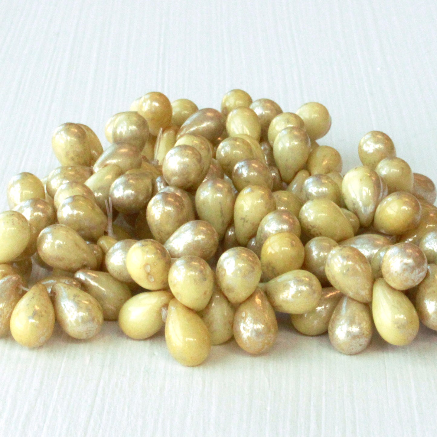 5x7mm Glass Teardrop Beads - Opaque Ivory with a Mercury Finish - 50 Beads