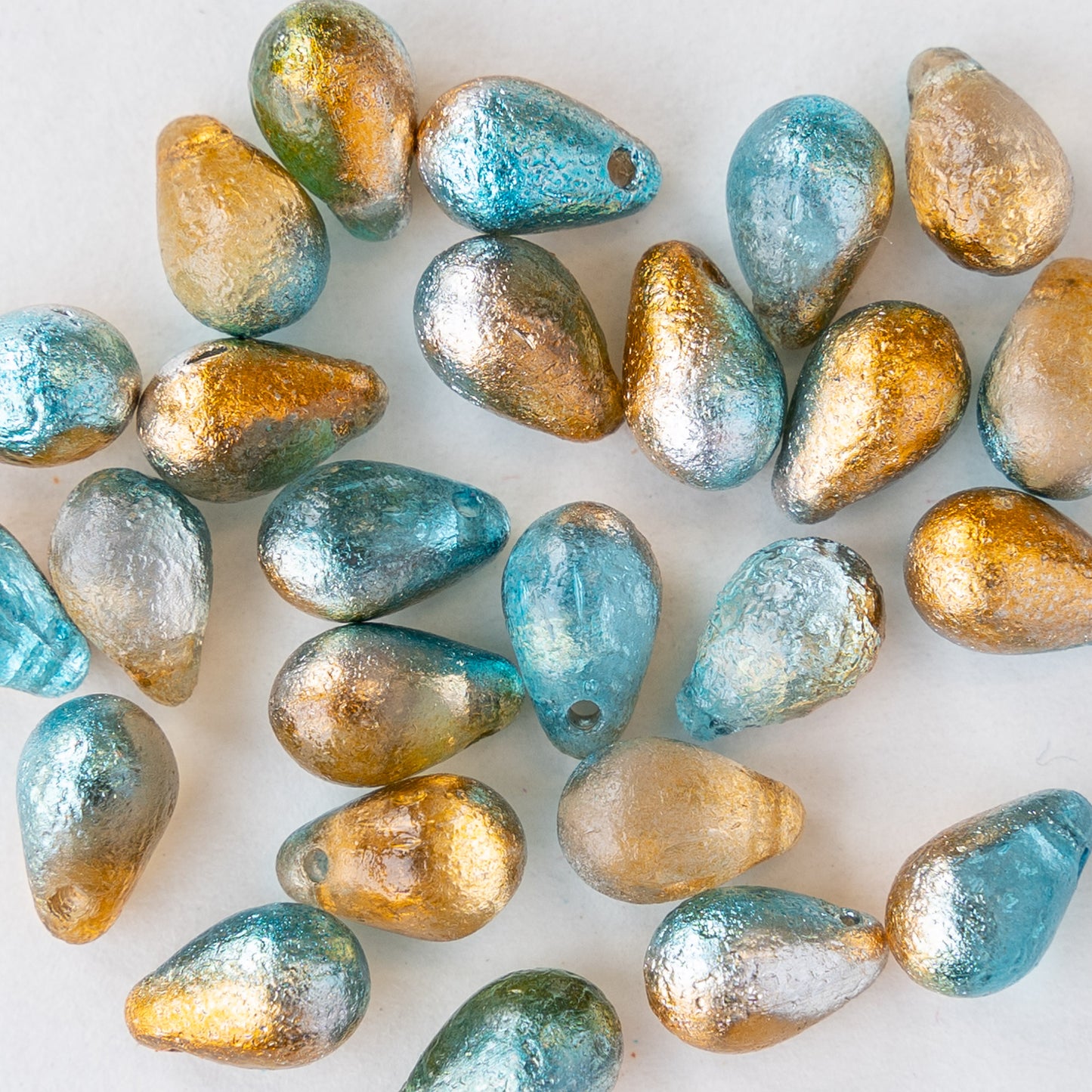 6x9mm Glass Teardrop Beads - Etched Orange Teal - 25 Beads