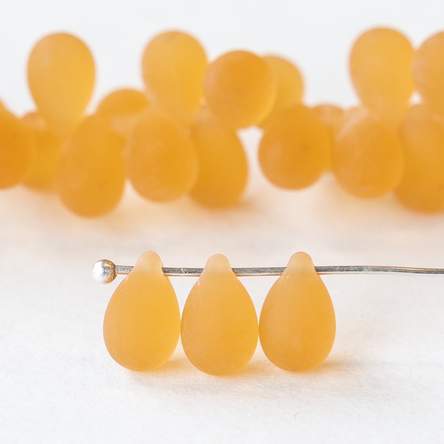 6x9mm Glass Teardrop Beads - Amber Matte -  45 Beads