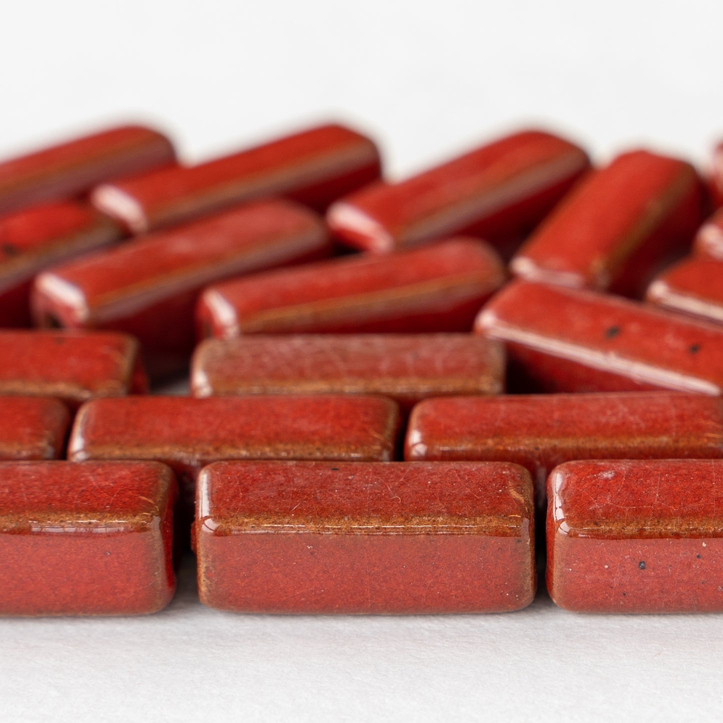 17mm Shiny Glazed Ceramic Rectangle Tube Beads - Crimson Red - 10 or 30