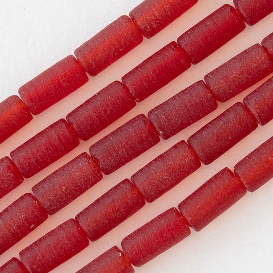 4x9mm Frosted Glass Tube Beads - Red - 48 Beads