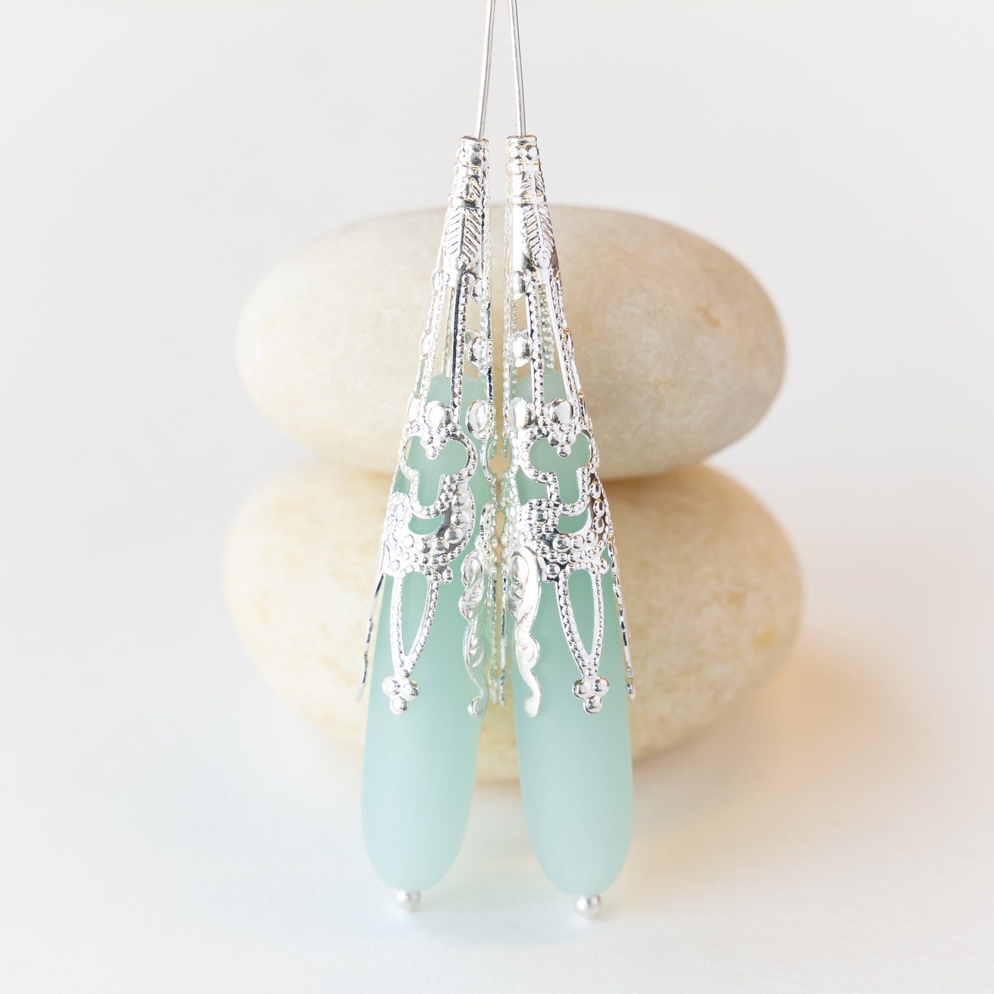 8x38mm Frosted Glass Long Drill Drops - Opaque Aqua - 10 Beads