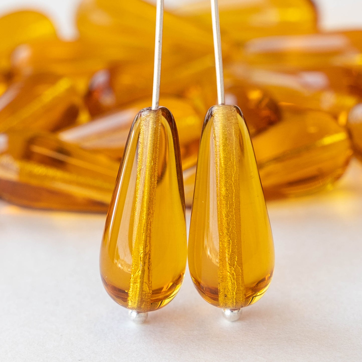 9x20mm Glass Teardrop Beads - Light Amber Topaz - 10 or 20 Beads