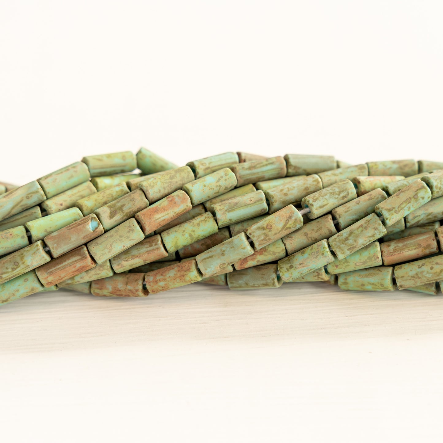 9x4mm Glass Tube Beads - Matte Green Turquoise Picasso - 20 or 60 Inches