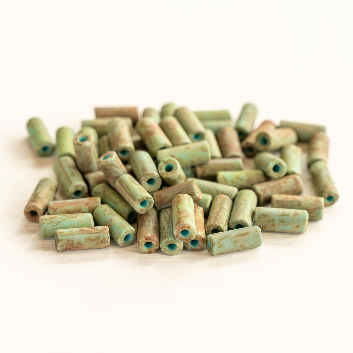 9x4mm Glass Tube Beads - Matte Green Turquoise Picasso - 20 or 60 Inches