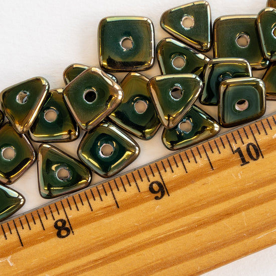 12-13mm Shiny Glazed Ceramic Chip Beads - Gold & Forest Green