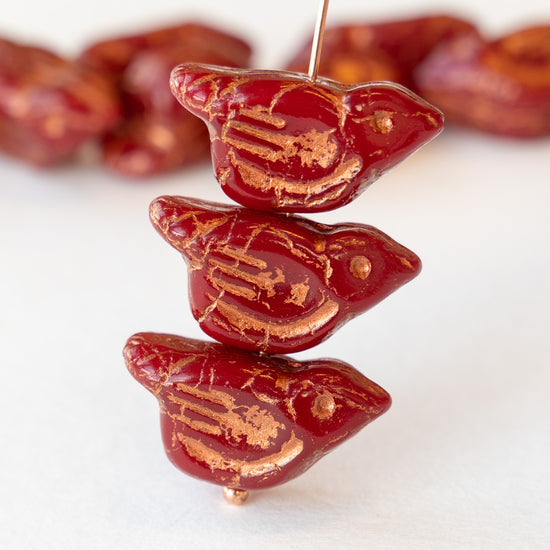 Bird Beads -  Red with Copper - 2 or 6 Birds