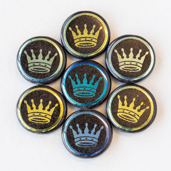 16mm Crown Beads - Black with Shiny Crowns - 8 beads