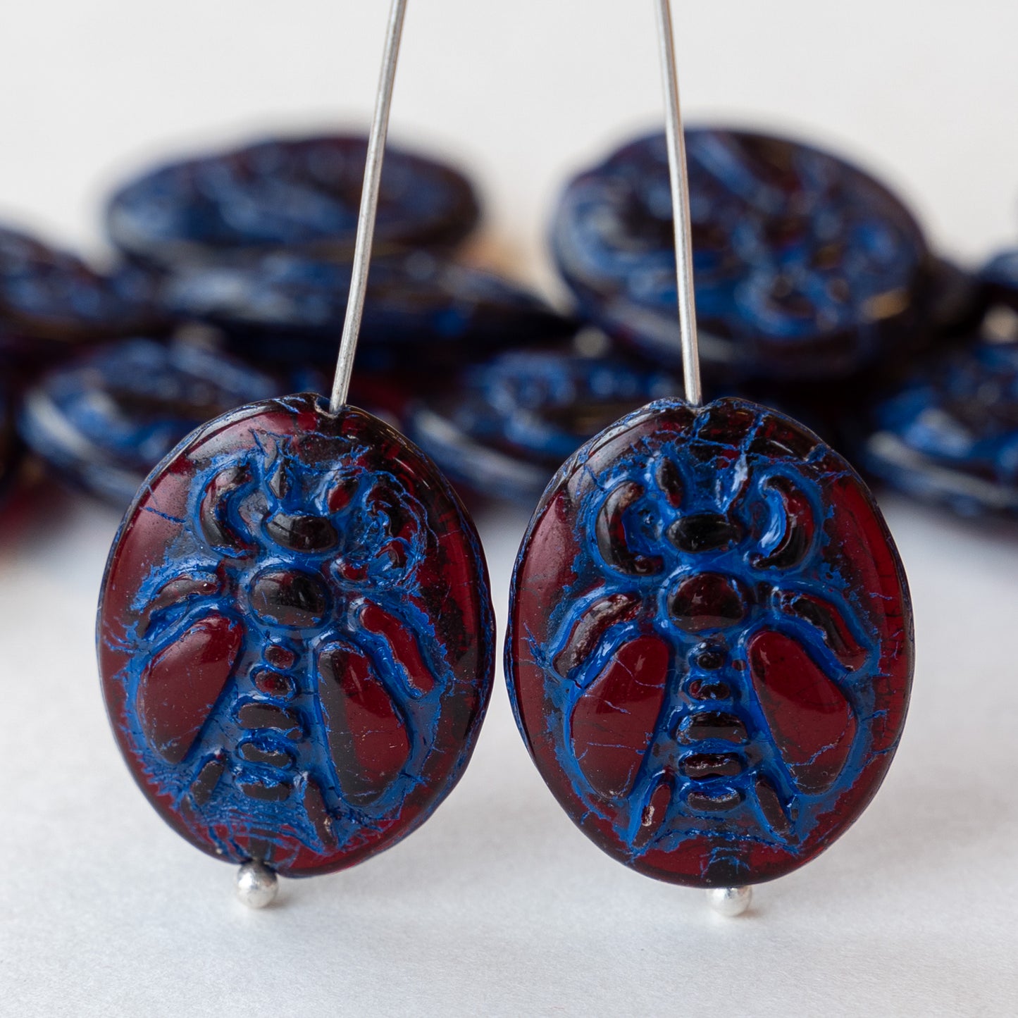 Glass Honey Bee Beads - Deep Red with Blue Wash -  2 Beads