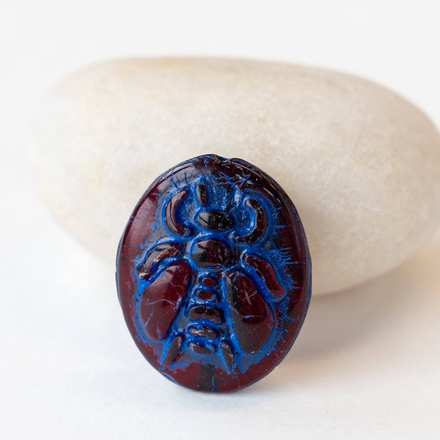 Glass Honey Bee Beads - Deep Red with Blue Wash -  2 Beads