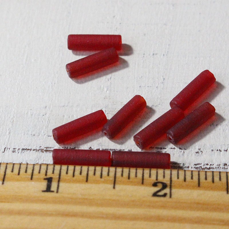 4x14mm Frosted Glass Tube Beads - Transparent Red