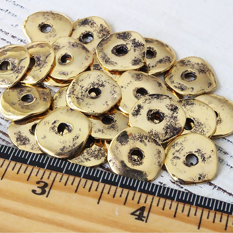 15mm Mykonos Metal Cornflake Beads - Antique Gold - 10 beads