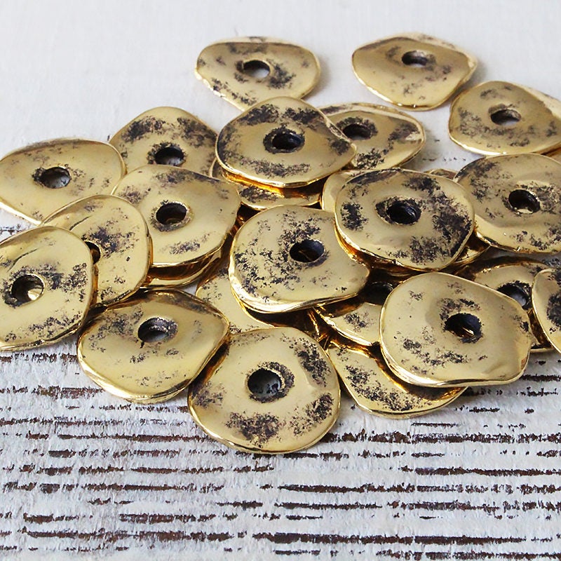 15mm Mykonos Metal Cornflake Beads - Antique Gold - 10 or 30