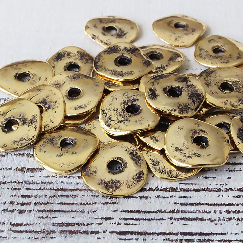 15mm Mykonos Metal Cornflake Beads - Antique Gold - 10 beads