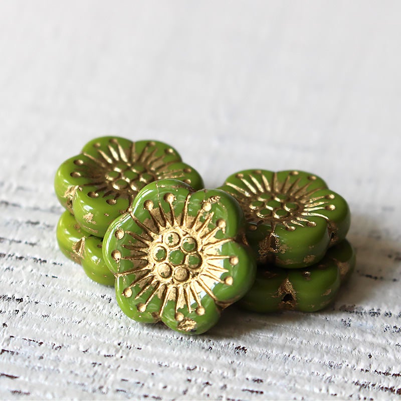 18mm - Anemone Flower Beads - Opaque Olive Green with Gold - 10 or 30