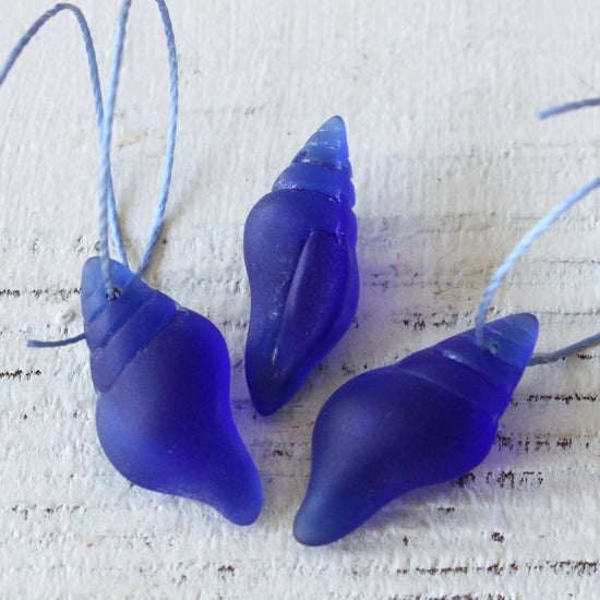 12x26mm Frosted Glass Conch Shell Beads - Cobalt Blue - 2 Beads
