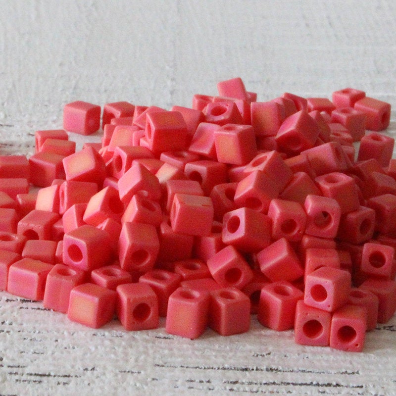 4mm Miyuki Cube Beads  - Opaque Coral Red AB - 20 grams