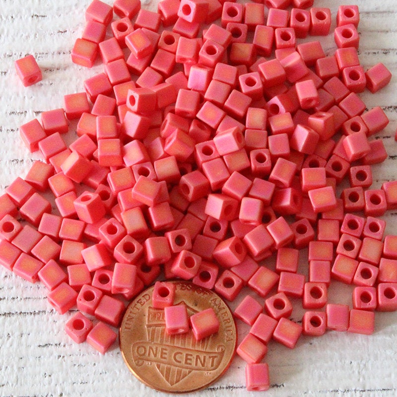 4mm Miyuki Cube Beads  - Opaque Coral Red AB - 20 grams