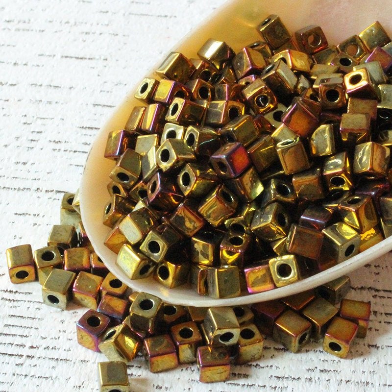4mm Miyuki Cube Beads - Metallic Gold Iris  Beads