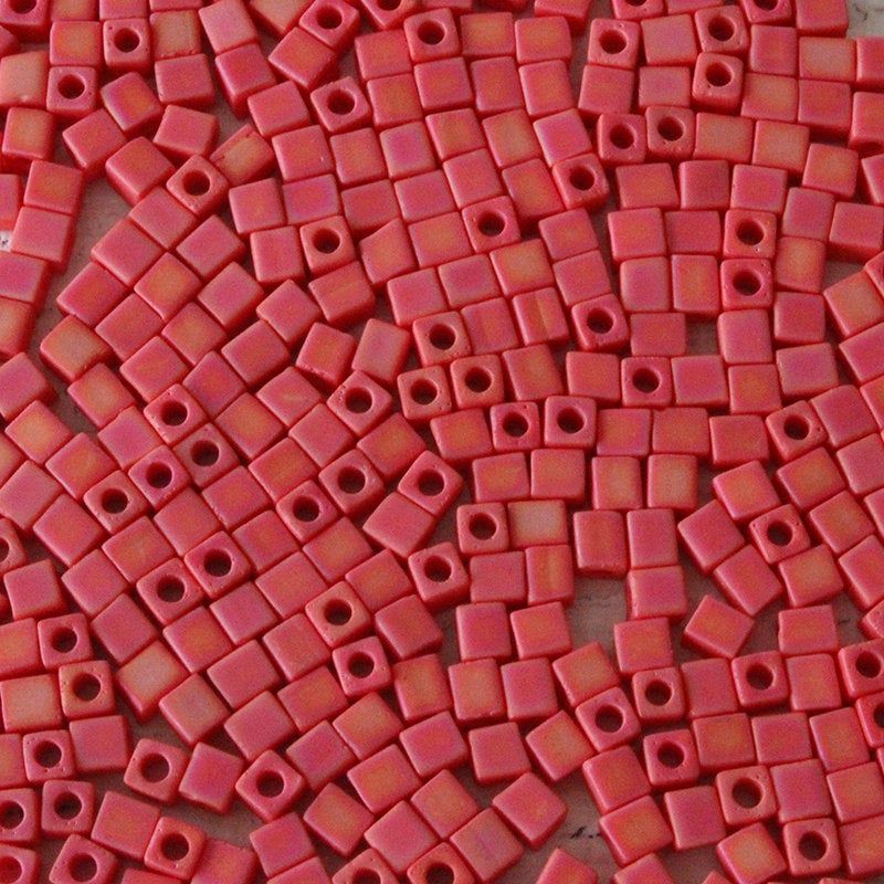 4mm Miyuki Cube Beads  - Opaque Coral Red AB - 20 grams