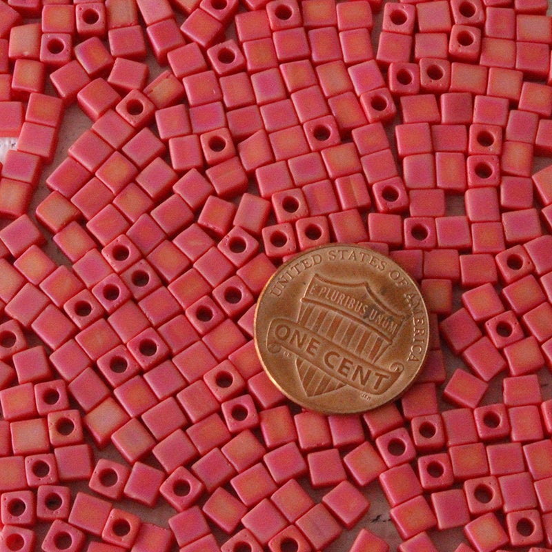 4mm Miyuki Cube Beads  - Opaque Coral Red AB - 20 grams