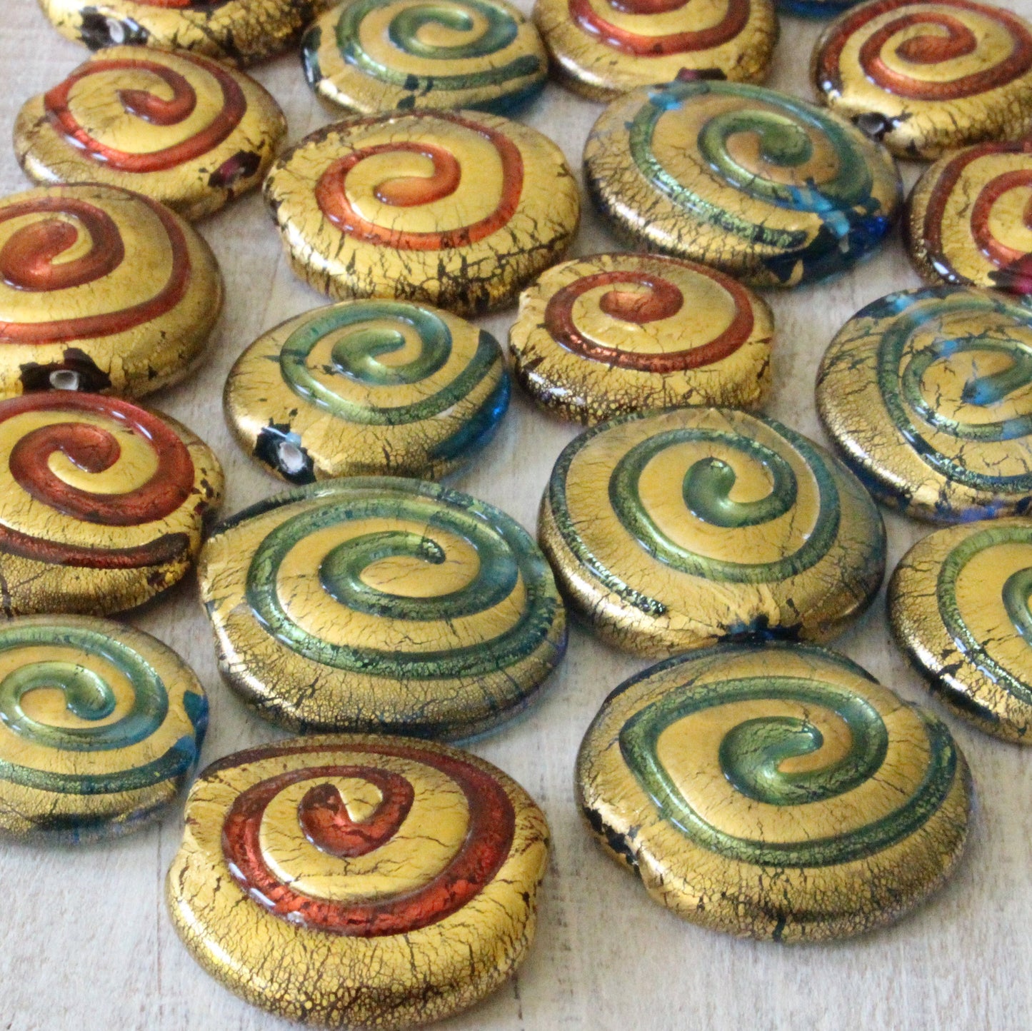 Lampwork Spiral Beads - Aqua and Red - 1 Bead