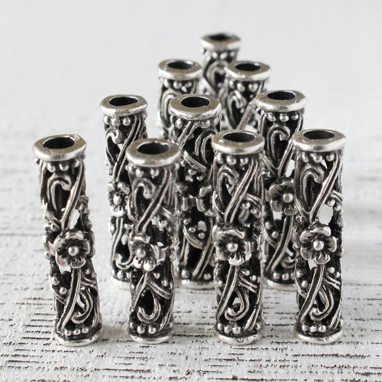 30mm Mykonos Metal Tube Slider Beads - Antiqued Silver