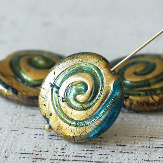 Lampwork Spiral Beads - Aqua and Red - 1 Bead
