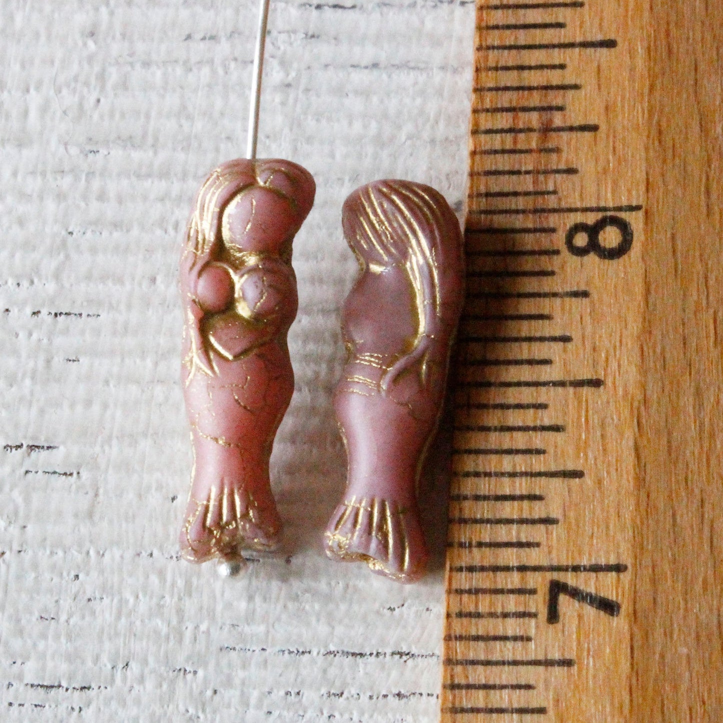 5x25mm Glass Mermaid Beads - Opaque Pink Rose Gold Wash