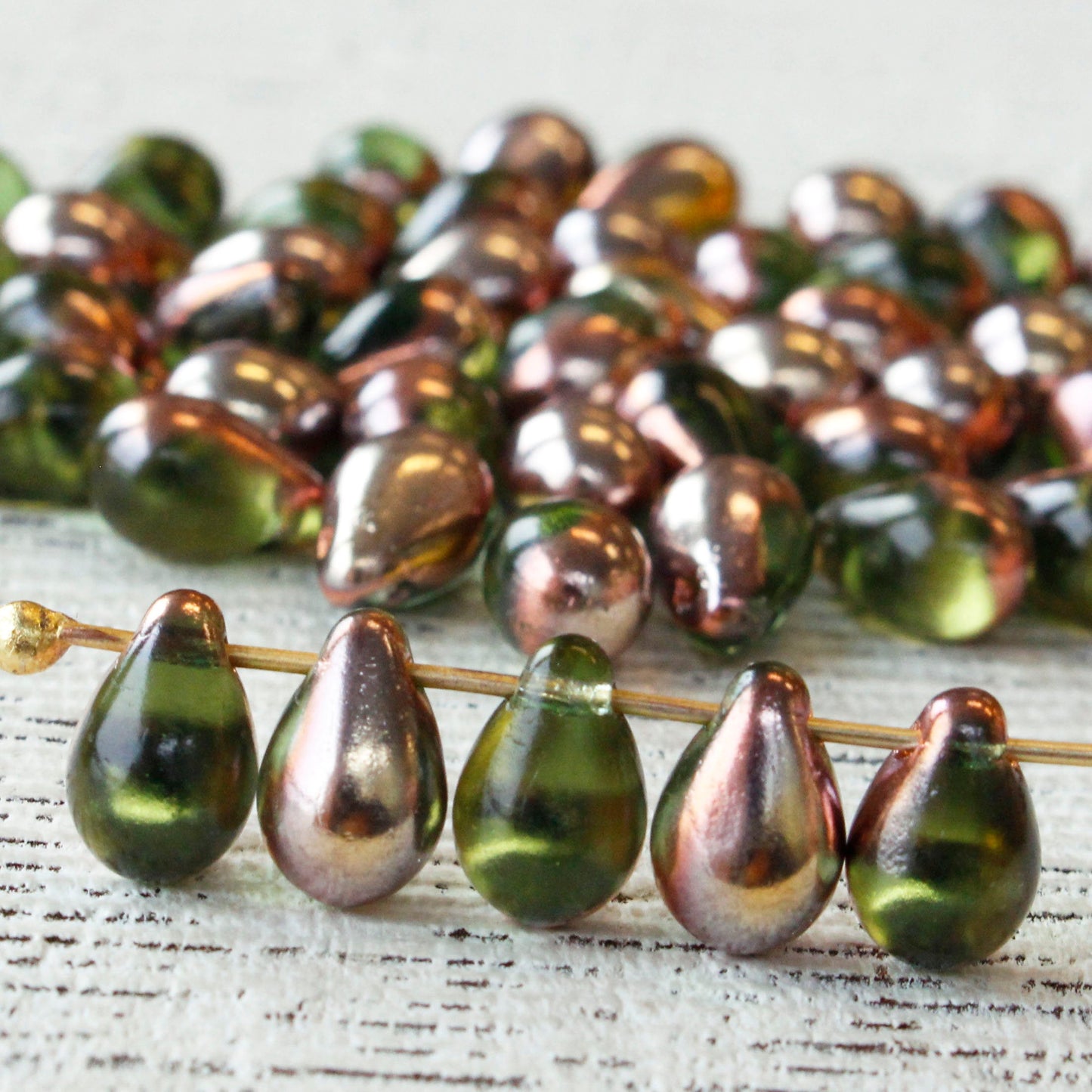 6x9mm Glass Teardrop Beads - Olivine with Gold Bronze - 50 Beads