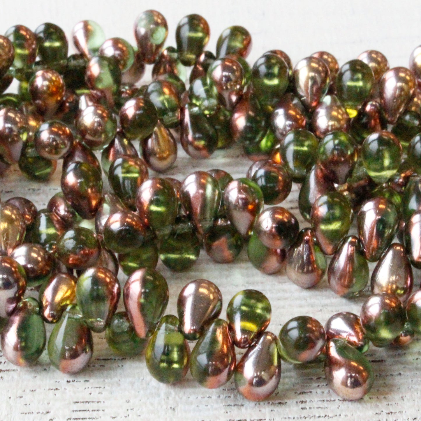 6x9mm Glass Teardrop Beads - Olivine with Gold Bronze - 50 Beads