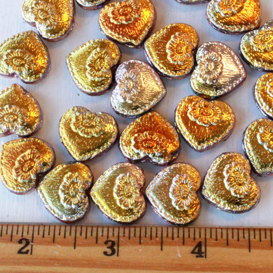 17mm Glass Heart Beads - Iridescent Gold