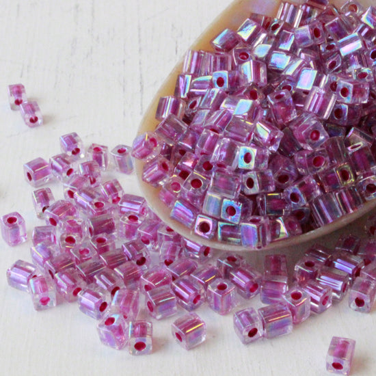 4mm Miyuki Cube Beads  - Raspberry Lined Crystal AB