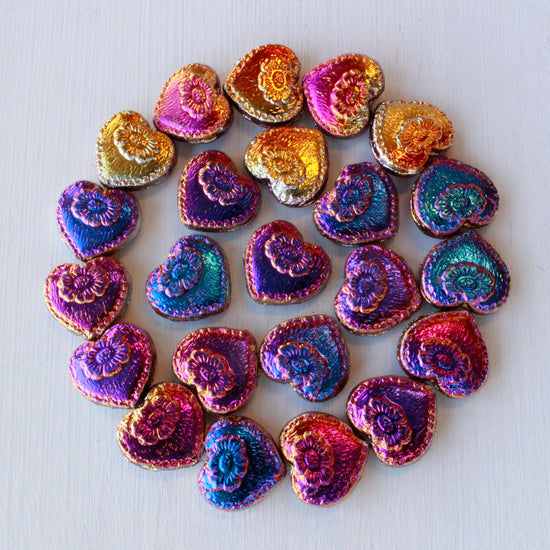17mm Glass Heart Beads - Mixed Pink, Orange & Purple