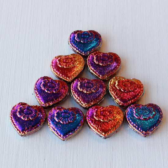 17mm Glass Heart Beads - Mixed Pink, Orange & Purple