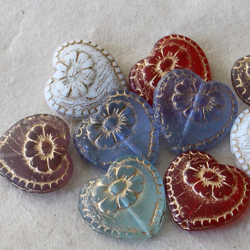 17mm Victorian Glass Heart Beads - Aqua with Gold Wash - 4 or 12