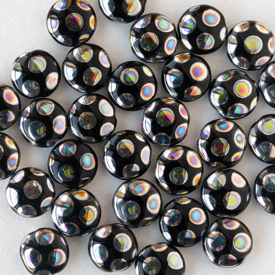 10mm Glass Coin Beads - Opaque Black Peacock - 20 beads