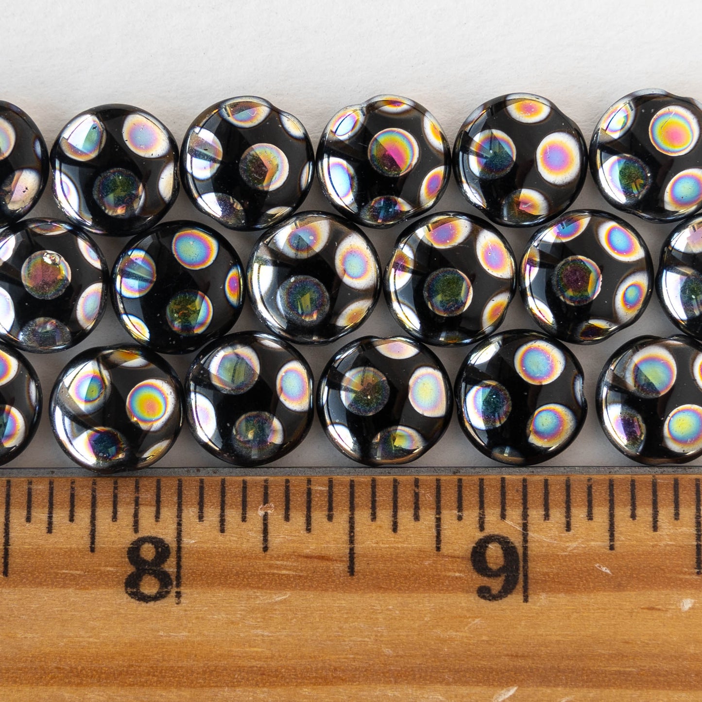 10mm Glass Coin Beads - Opaque Black Peacock - 20 beads